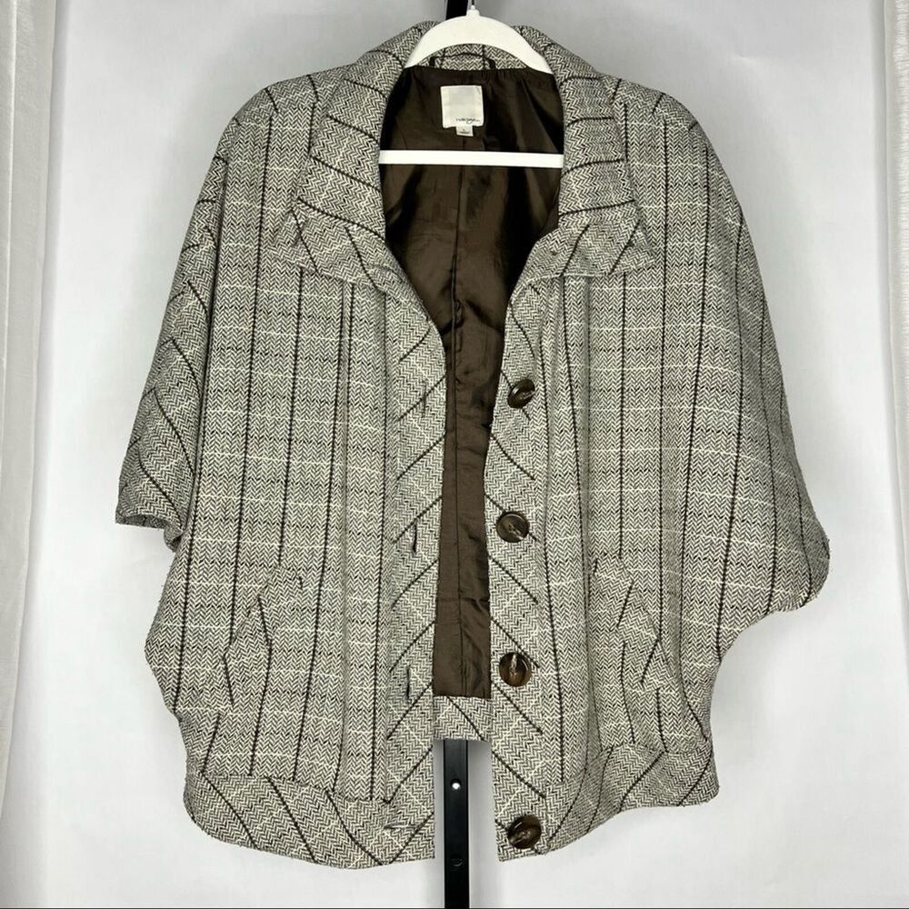 Halogen Herringbone Wool Blend Cape Coat Womens L Brown Plaid Academia Poncho